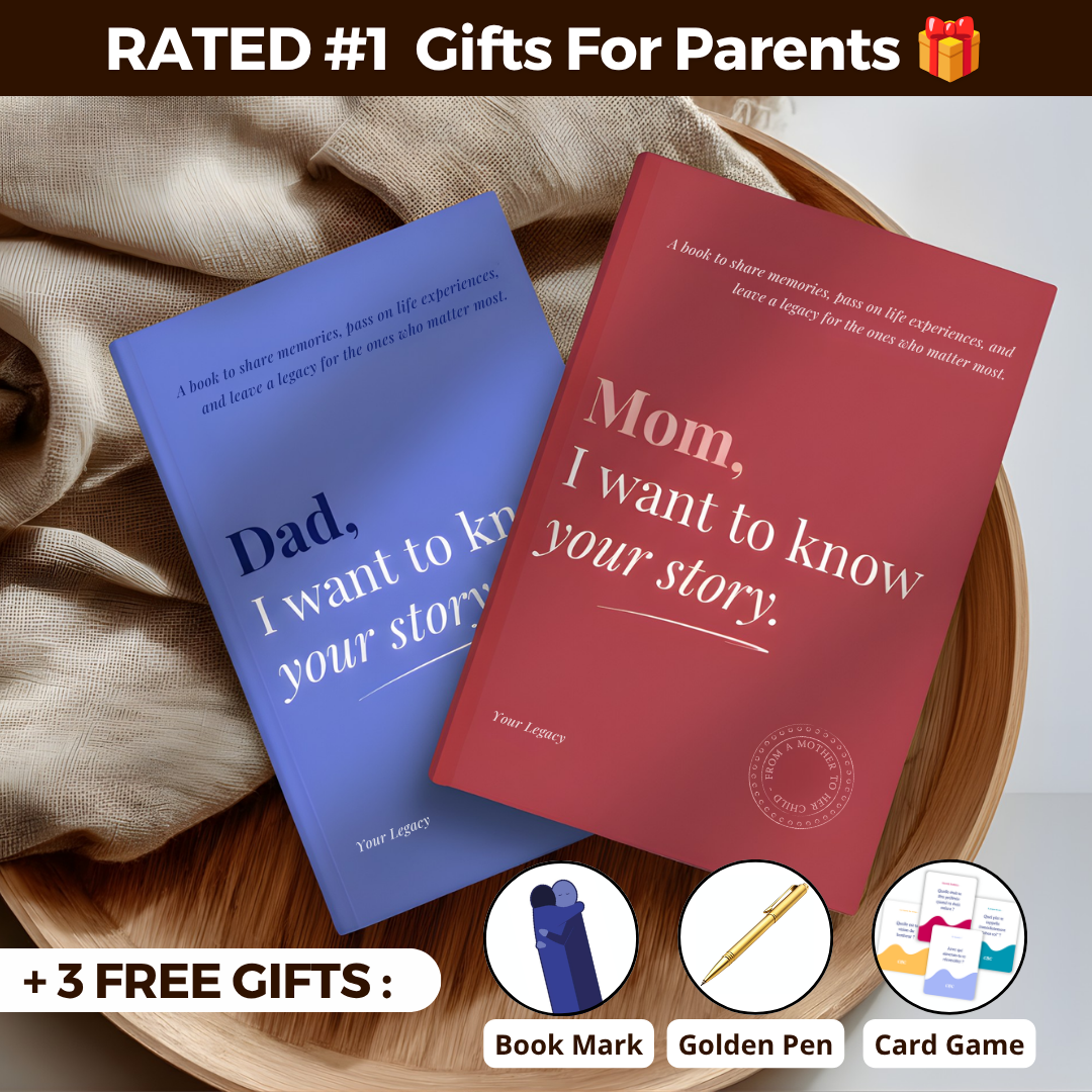 Two books titled 'Dad, I want to know your story' and 'Mom, I want to know your story' on a wooden surface with promotional text and icons.